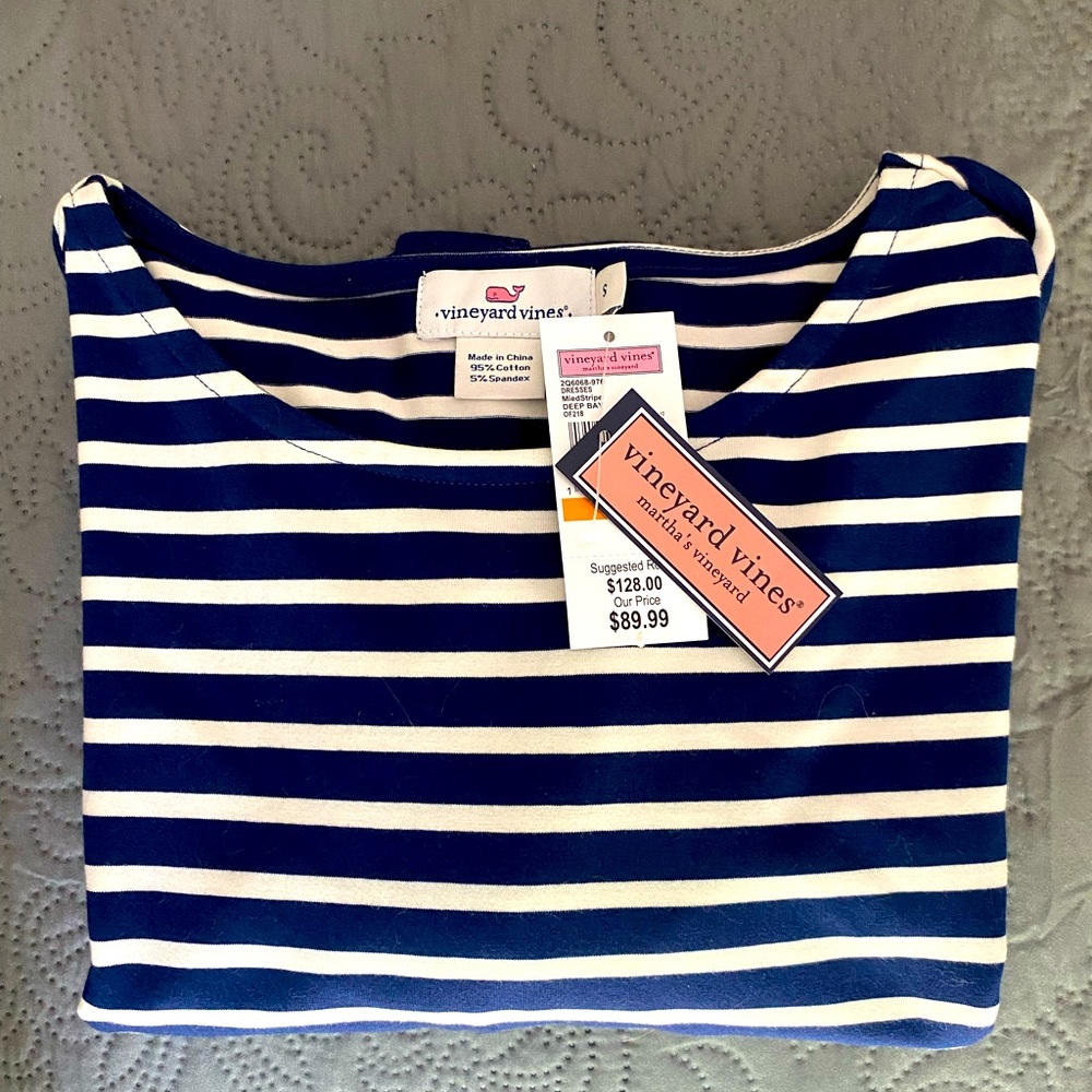 VINEYARD VINE Women’s Navy/White Striped Boat Neck Dress